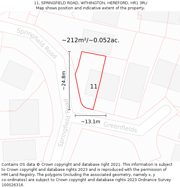 11, SPRINGFIELD ROAD, WITHINGTON, HEREFORD, HR1 3RU: Plot and title map