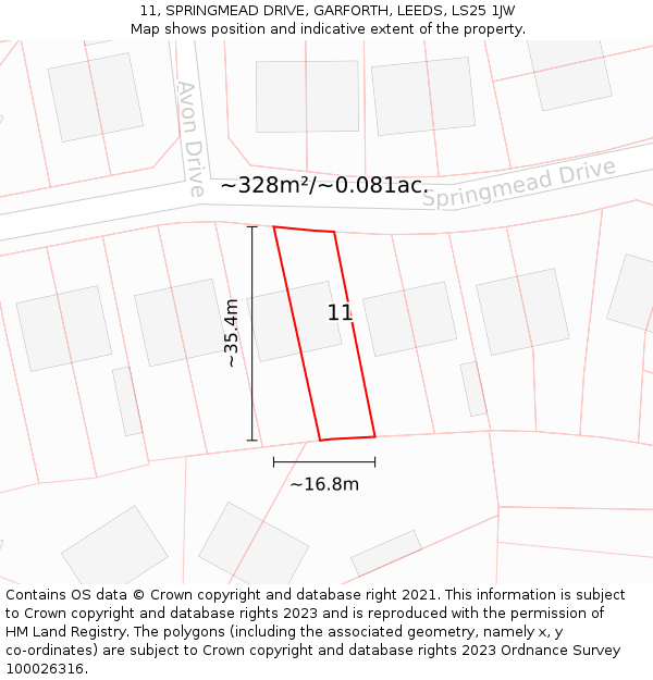 11, SPRINGMEAD DRIVE, GARFORTH, LEEDS, LS25 1JW: Plot and title map