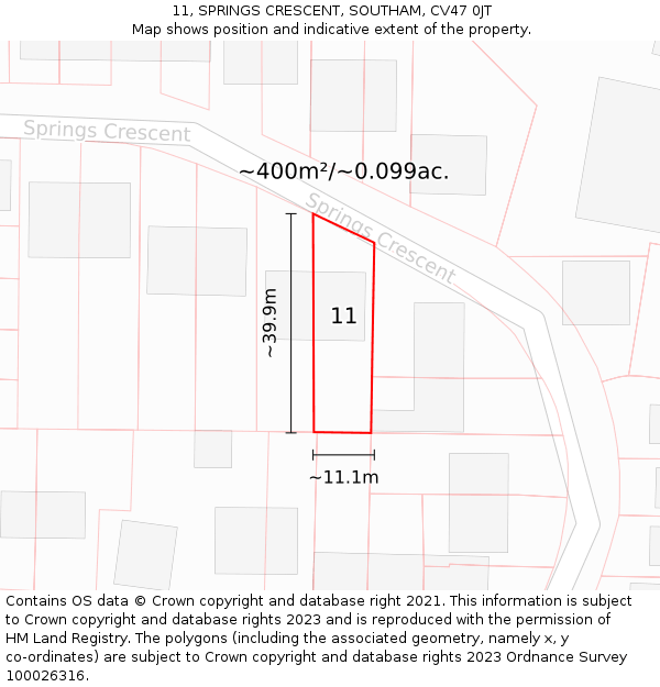 11, SPRINGS CRESCENT, SOUTHAM, CV47 0JT: Plot and title map