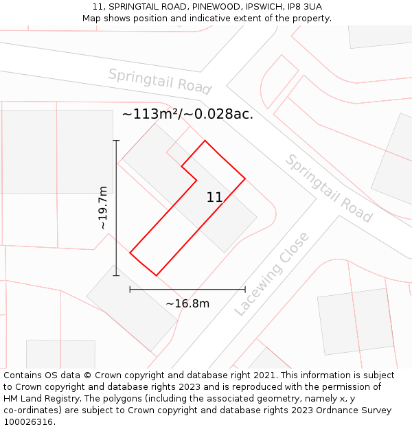 11, SPRINGTAIL ROAD, PINEWOOD, IPSWICH, IP8 3UA: Plot and title map