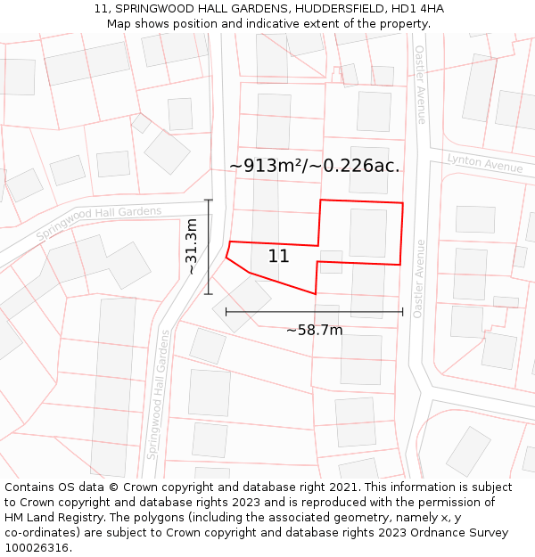 11, SPRINGWOOD HALL GARDENS, HUDDERSFIELD, HD1 4HA: Plot and title map