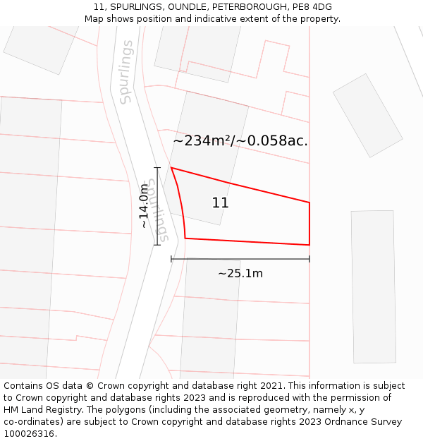 11, SPURLINGS, OUNDLE, PETERBOROUGH, PE8 4DG: Plot and title map