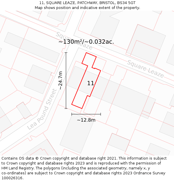 11, SQUARE LEAZE, PATCHWAY, BRISTOL, BS34 5GT: Plot and title map