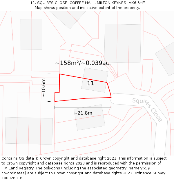 11, SQUIRES CLOSE, COFFEE HALL, MILTON KEYNES, MK6 5HE: Plot and title map