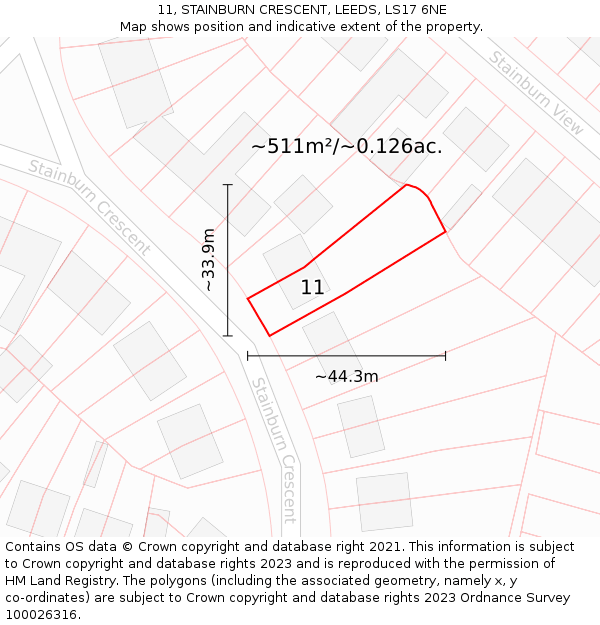 11, STAINBURN CRESCENT, LEEDS, LS17 6NE: Plot and title map