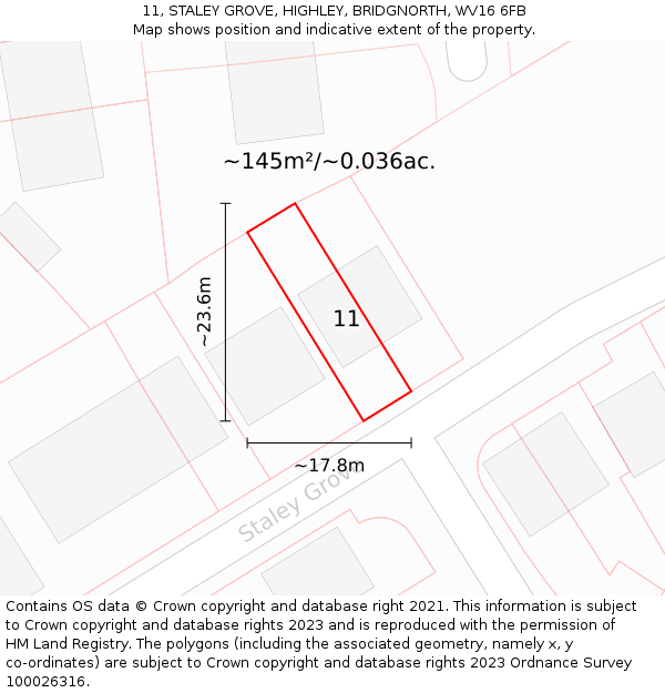 11, STALEY GROVE, HIGHLEY, BRIDGNORTH, WV16 6FB: Plot and title map