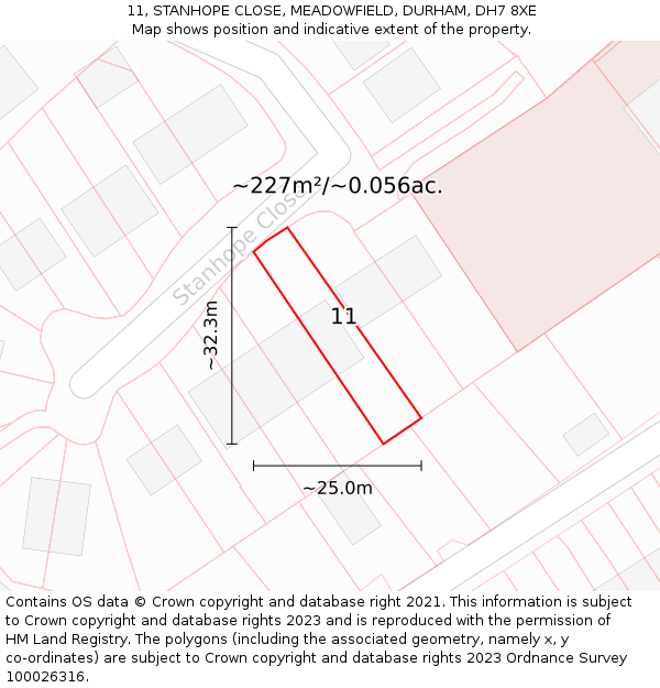 11, STANHOPE CLOSE, MEADOWFIELD, DURHAM, DH7 8XE: Plot and title map