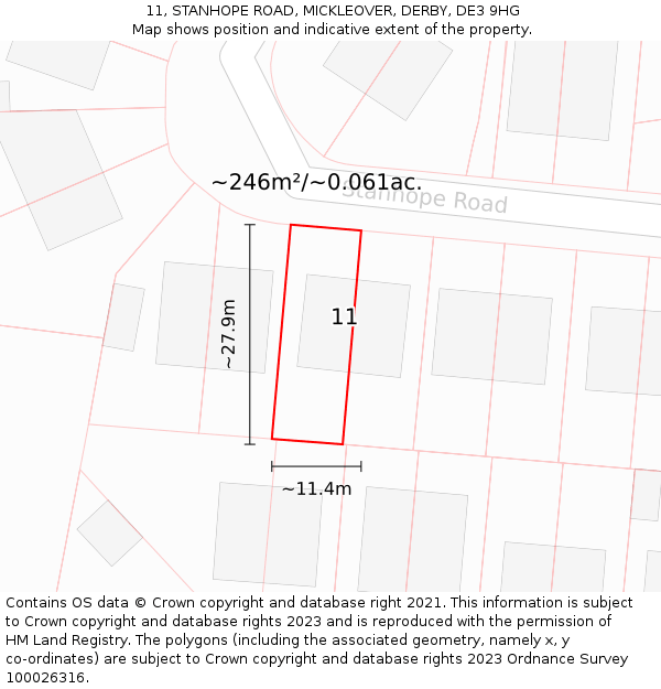 11, STANHOPE ROAD, MICKLEOVER, DERBY, DE3 9HG: Plot and title map