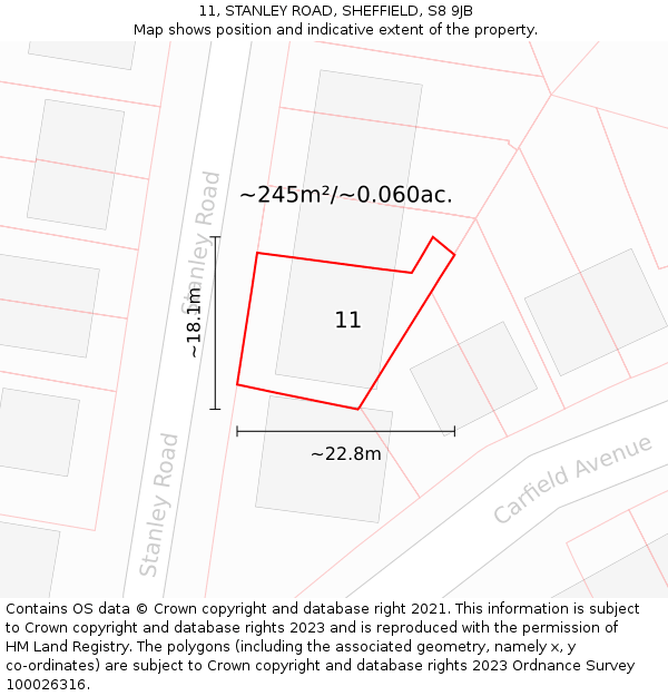 11, STANLEY ROAD, SHEFFIELD, S8 9JB: Plot and title map
