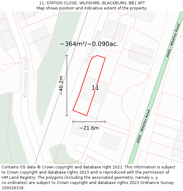 11, STATION CLOSE, WILPSHIRE, BLACKBURN, BB1 9PT: Plot and title map