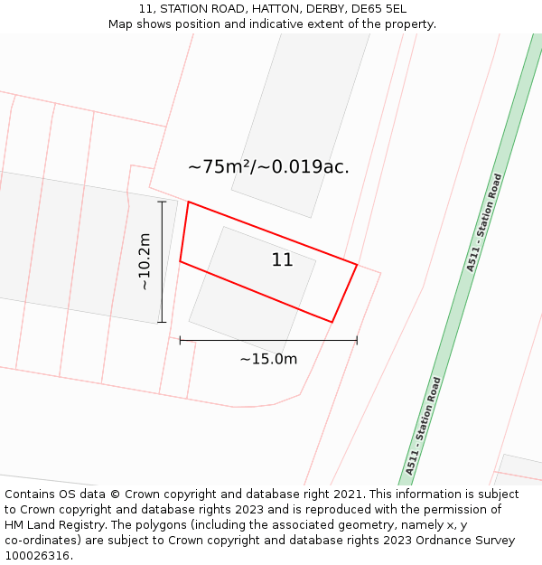 11, STATION ROAD, HATTON, DERBY, DE65 5EL: Plot and title map