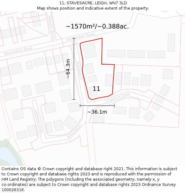 11, STAVESACRE, LEIGH, WN7 3LD: Plot and title map