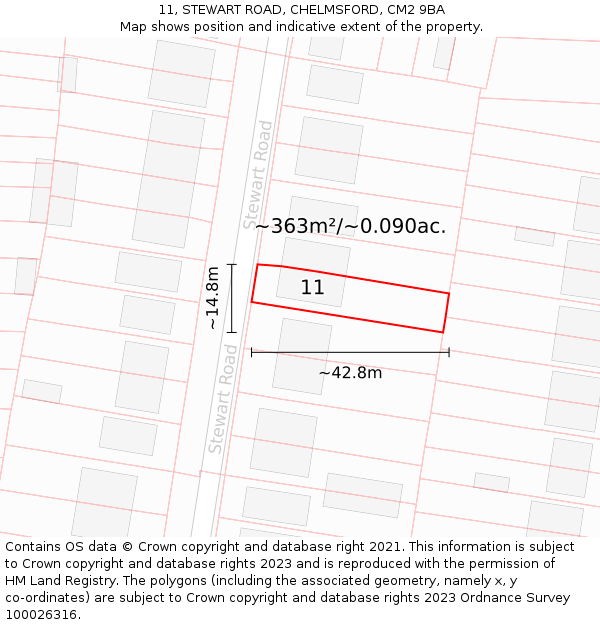 11, STEWART ROAD, CHELMSFORD, CM2 9BA: Plot and title map