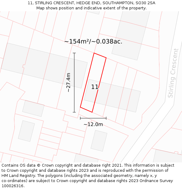 11, STIRLING CRESCENT, HEDGE END, SOUTHAMPTON, SO30 2SA: Plot and title map