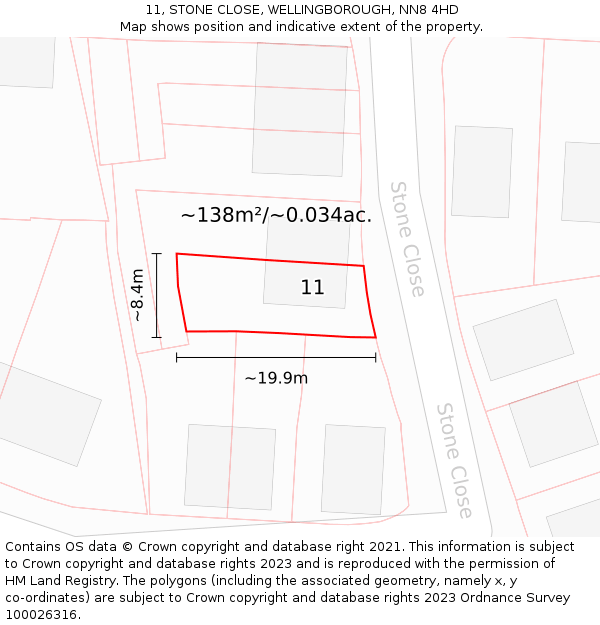 11, STONE CLOSE, WELLINGBOROUGH, NN8 4HD: Plot and title map