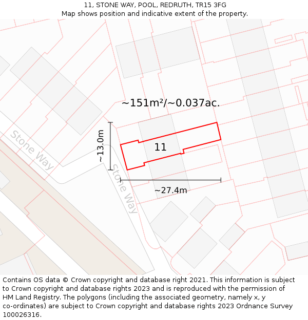 11, STONE WAY, POOL, REDRUTH, TR15 3FG: Plot and title map