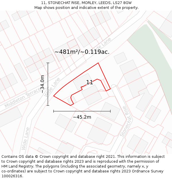 11, STONECHAT RISE, MORLEY, LEEDS, LS27 8GW: Plot and title map