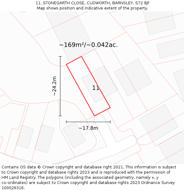 11, STONEGARTH CLOSE, CUDWORTH, BARNSLEY, S72 8JF: Plot and title map