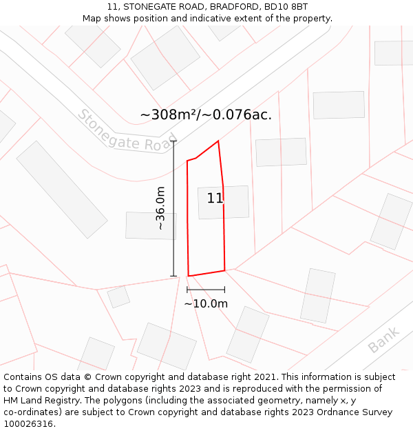 11, STONEGATE ROAD, BRADFORD, BD10 8BT: Plot and title map
