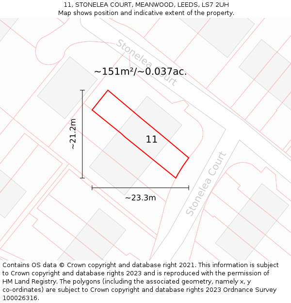 11, STONELEA COURT, MEANWOOD, LEEDS, LS7 2UH: Plot and title map