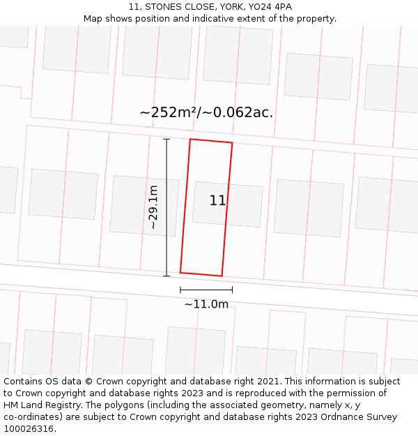 11, STONES CLOSE, YORK, YO24 4PA: Plot and title map