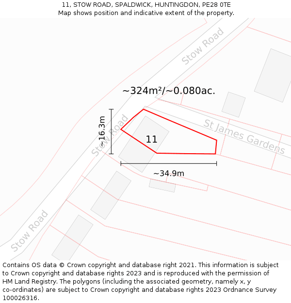 11, STOW ROAD, SPALDWICK, HUNTINGDON, PE28 0TE: Plot and title map