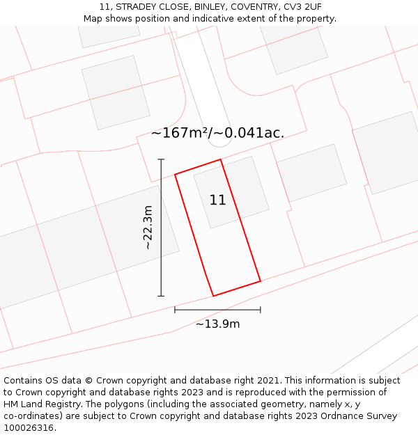 11, STRADEY CLOSE, BINLEY, COVENTRY, CV3 2UF: Plot and title map