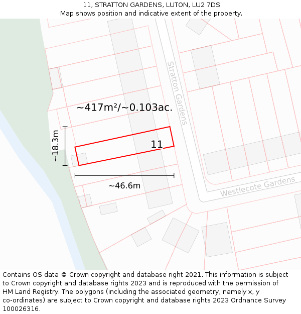 11, STRATTON GARDENS, LUTON, LU2 7DS: Plot and title map