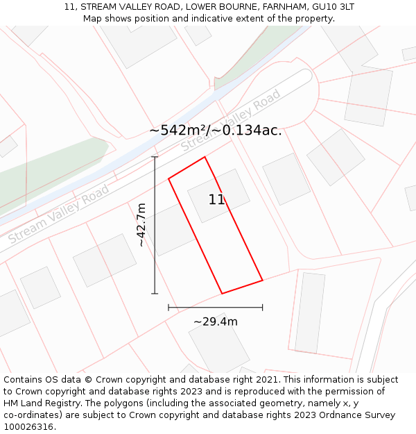 11, STREAM VALLEY ROAD, LOWER BOURNE, FARNHAM, GU10 3LT: Plot and title map