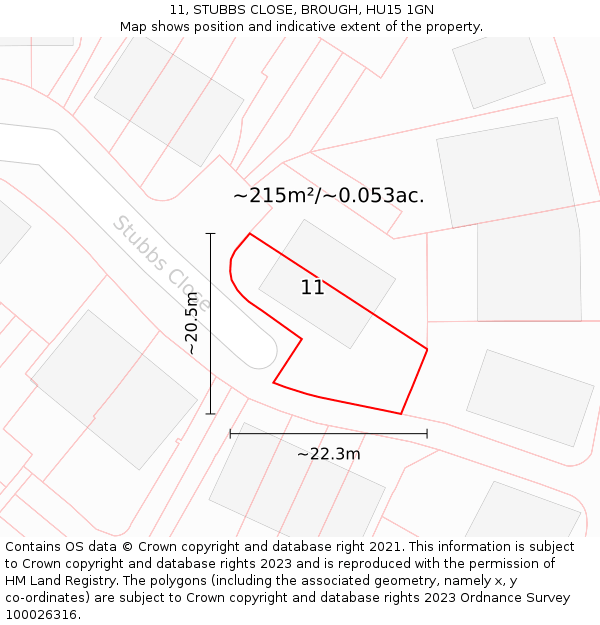 11, STUBBS CLOSE, BROUGH, HU15 1GN: Plot and title map