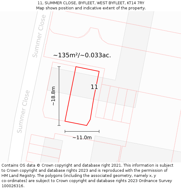 11, SUMMER CLOSE, BYFLEET, WEST BYFLEET, KT14 7RY: Plot and title map