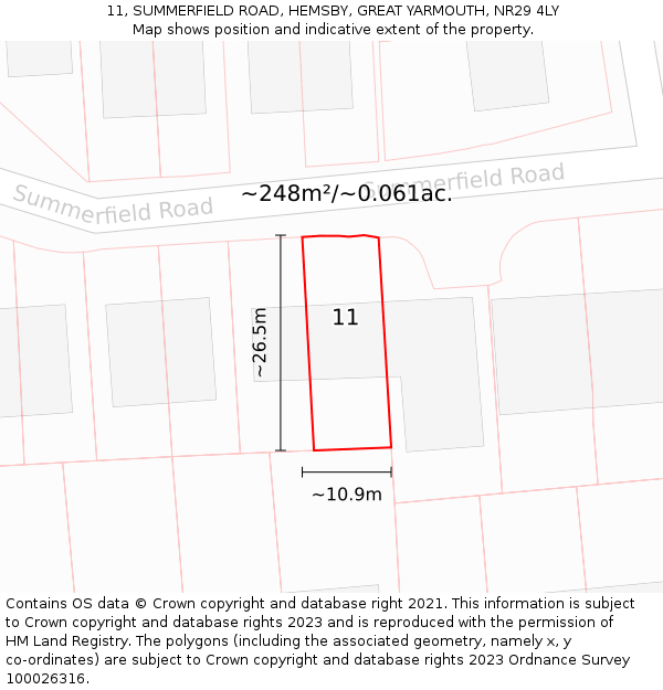 11, SUMMERFIELD ROAD, HEMSBY, GREAT YARMOUTH, NR29 4LY: Plot and title map
