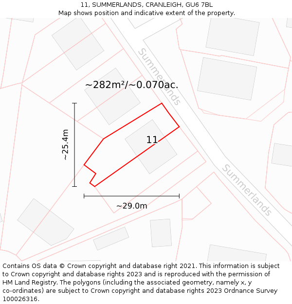 11, SUMMERLANDS, CRANLEIGH, GU6 7BL: Plot and title map