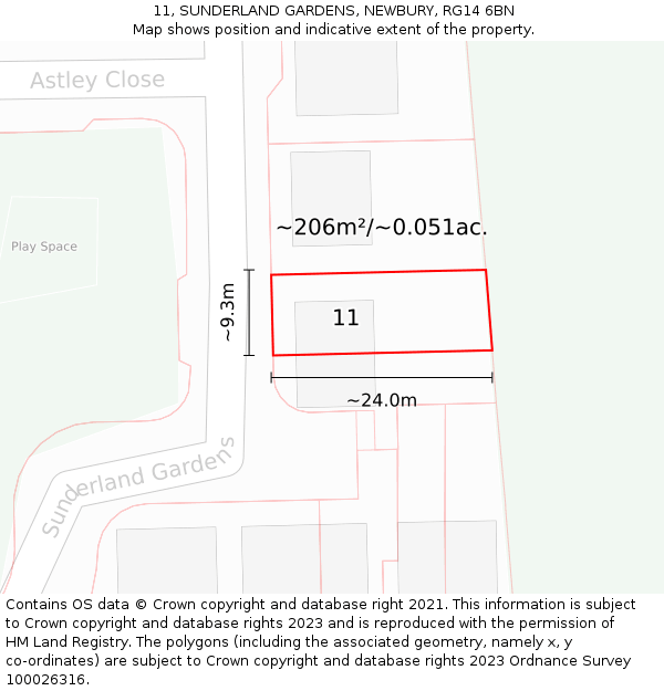 11, SUNDERLAND GARDENS, NEWBURY, RG14 6BN: Plot and title map