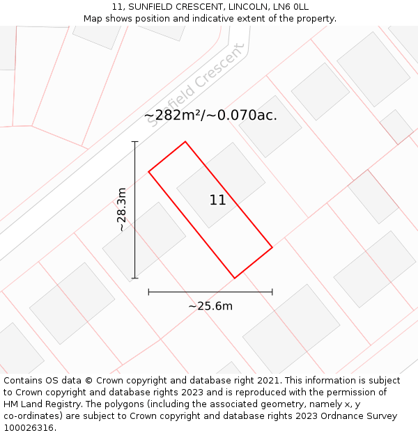 11, SUNFIELD CRESCENT, LINCOLN, LN6 0LL: Plot and title map