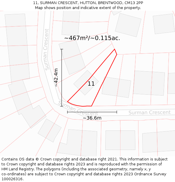 11, SURMAN CRESCENT, HUTTON, BRENTWOOD, CM13 2PP: Plot and title map