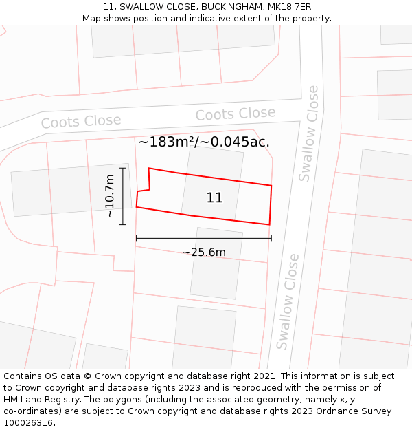 11, SWALLOW CLOSE, BUCKINGHAM, MK18 7ER: Plot and title map