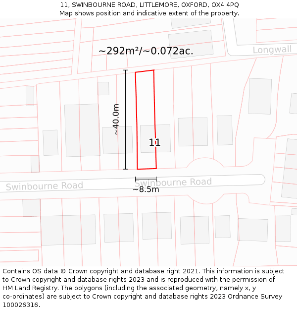 11, SWINBOURNE ROAD, LITTLEMORE, OXFORD, OX4 4PQ: Plot and title map