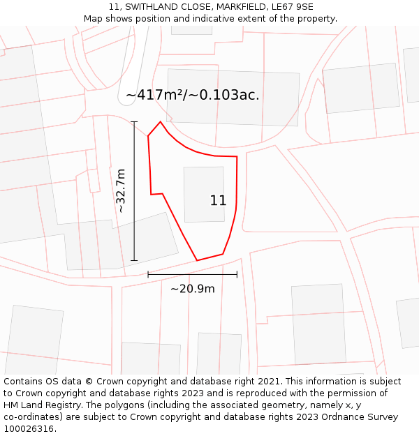 11, SWITHLAND CLOSE, MARKFIELD, LE67 9SE: Plot and title map