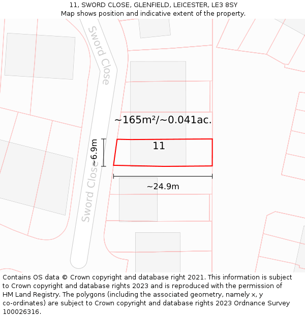 11, SWORD CLOSE, GLENFIELD, LEICESTER, LE3 8SY: Plot and title map