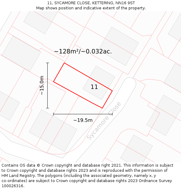 11, SYCAMORE CLOSE, KETTERING, NN16 9ST: Plot and title map