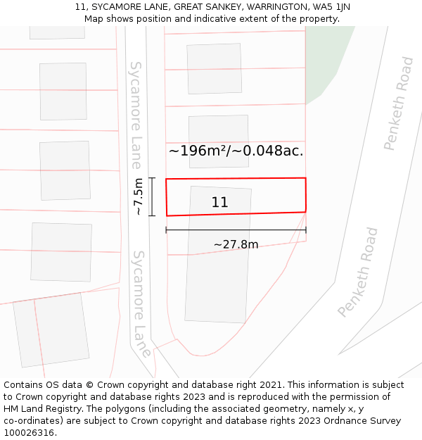 11, SYCAMORE LANE, GREAT SANKEY, WARRINGTON, WA5 1JN: Plot and title map