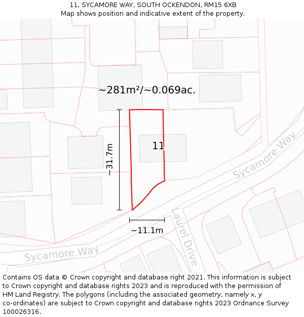11, SYCAMORE WAY, SOUTH OCKENDON, RM15 6XB: Plot and title map
