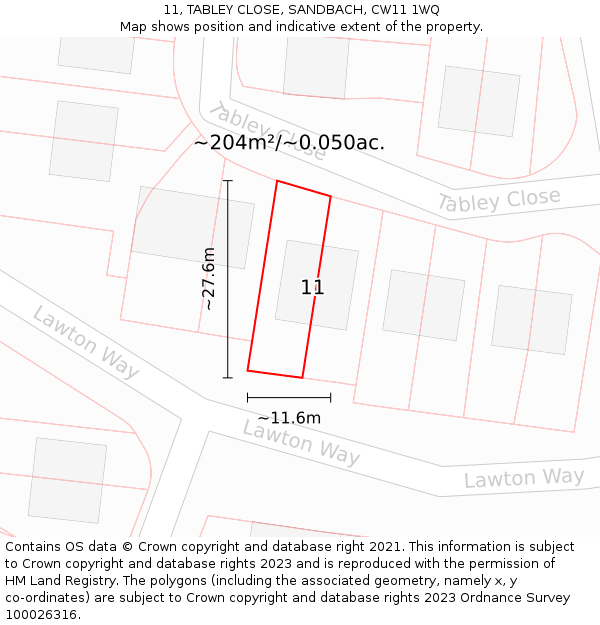 11, TABLEY CLOSE, SANDBACH, CW11 1WQ: Plot and title map