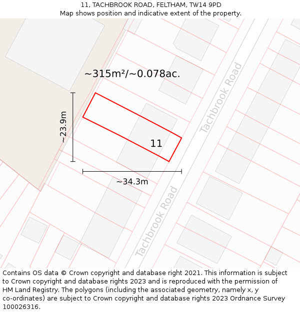 11, TACHBROOK ROAD, FELTHAM, TW14 9PD: Plot and title map