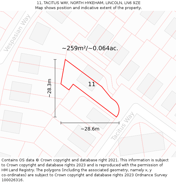 11, TACITUS WAY, NORTH HYKEHAM, LINCOLN, LN6 9ZE: Plot and title map