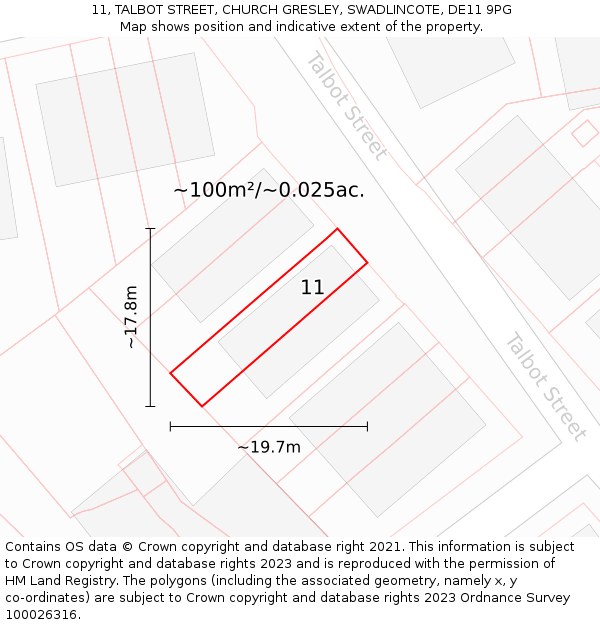 11, TALBOT STREET, CHURCH GRESLEY, SWADLINCOTE, DE11 9PG: Plot and title map