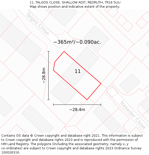 11, TALGOS CLOSE, SHALLOW ADIT, REDRUTH, TR16 5UU: Plot and title map