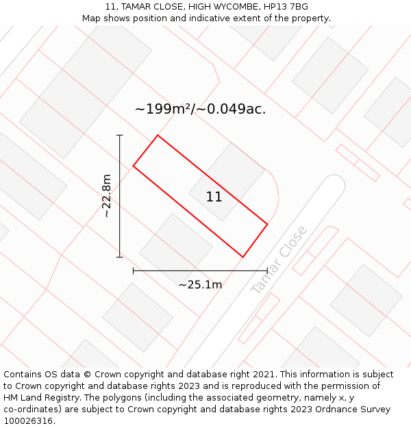 11, TAMAR CLOSE, HIGH WYCOMBE, HP13 7BG: Plot and title map
