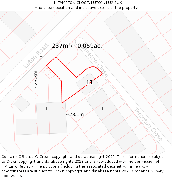11, TAMETON CLOSE, LUTON, LU2 8UX: Plot and title map